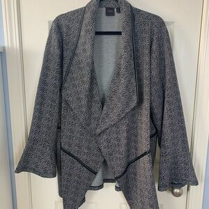 Women's Gray and Black Tweed waterfall Blazer with leather edging